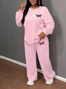 Slaydiva 粉色卫衣+粉色阔腿裤/休闲基础款宽松圆领卫衣阔腿裤套装/女士外出套装/秋冬女装/女士秋季/冬季/返校季/Y2K/穿搭/街头风/蝴蝶结图案 - 彩色 - 查看 5