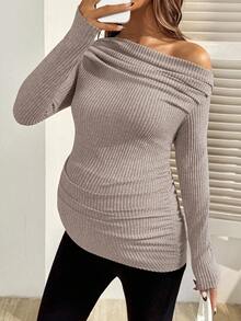 SHEIN Maternity Solid Color Ruched Oblique Shoulder Long Sleeve Ribbed Fitted T-Shirt - Apricot - View 4