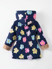 小女孩花卉印花羊毛连帽开衫，收腰休闲中长夹克，秋冬 - 彩色 - 查看 2