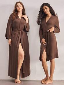 Ocili Leisure Soft & Simple Long Sleeve Plus Size Robe, Chic Autumn Easy Comfort Autumn Slumber, Cozy Outfit, Fall & Winter - Coffee Brown - View 2