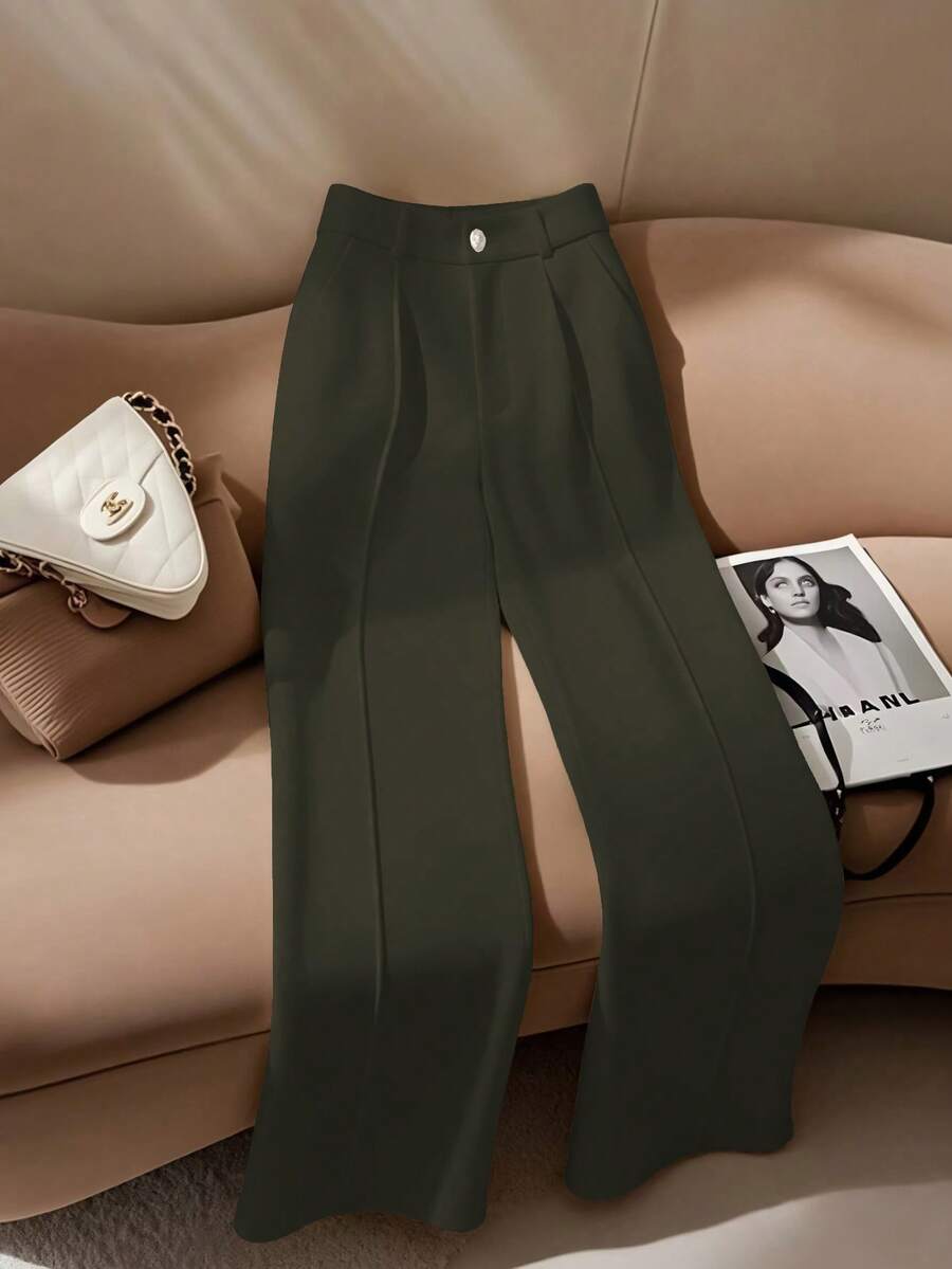 SHEIN PETITE 女款白色優雅精緻直筒長褲,適合通勤,適合嬌小女性 - 軍綠色 - 查看 1