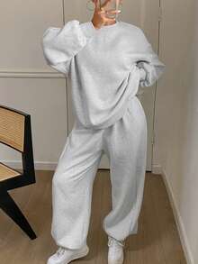 DAZY 女士纯色宽松圆领长袖卫衣+运动裤套装（2件套），带保暖内衬，秋季女装运动套装，女士休闲套装 - 灰色 - 查看 4