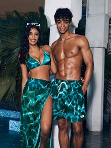 Manfinity VDAYZ 1 件男士时尚休闲宽松海滩度假泳裤情侣款泳装，适合海滩、度假、夏威夷