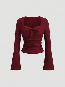 Sweetra 女士万圣节、感恩节、新年、派对、通勤、日常、旅行、度假皆宜。红色紧身上衣，酒红色纹理蕾丝饰边蝴蝶结设计喇叭袖弹力T恤，春/秋/冬季款。 - 酒紅色 - 查看 7