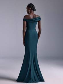 Elitara 优雅褶皱露肩鱼尾连衣裙，适合婚礼、派对、度假、舞会、伴娘等场合（成人款） - 水鴨藍 - 查看 3