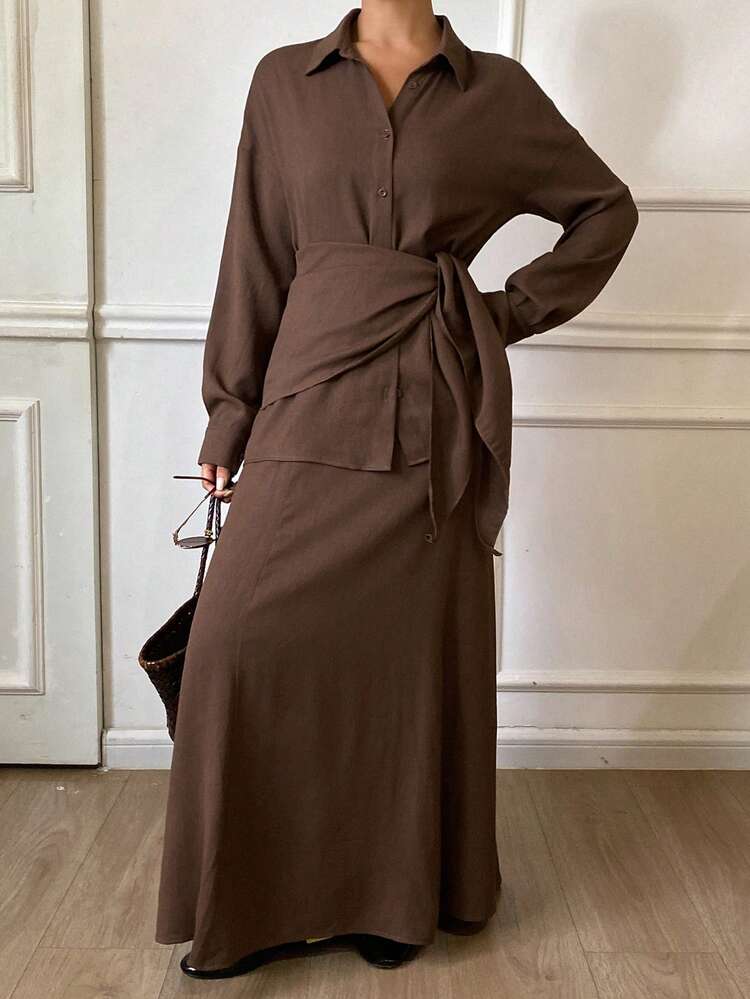 Women's Solid Color Set, Long Sleeve Lapel Wrap Tie Shirt And Long A-Line Skirt, Casual And Fashionable Loose Suit
