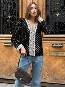 Pariaura 法式复古波点蕾丝衬衫 - 女士优雅V领长袖纽扣上衣，适合秋季穿着；甜美优雅波点蕾丝衬衫 - 女士浪漫V领长袖蕾丝边饰上衣，适合冬季办公室穿着；时尚波点蕾丝衬衫 - 女士精致V领长袖纽扣上衣，适合秋季穿着。 - 黑與白 - 查看 5
