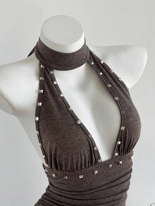 Elamini 性感复古极简V领荷叶边下摆收腰连衣裙