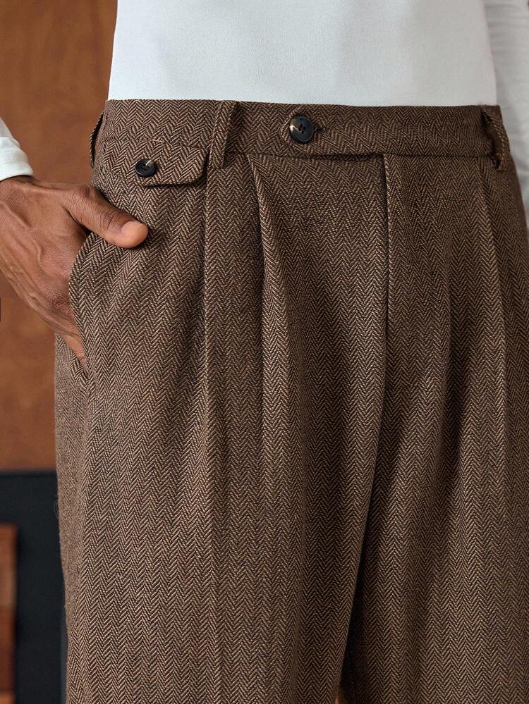 Men's Herringbone Pleated Pocket Wide Leg Casual Suit Pants, Business Style, For Winter