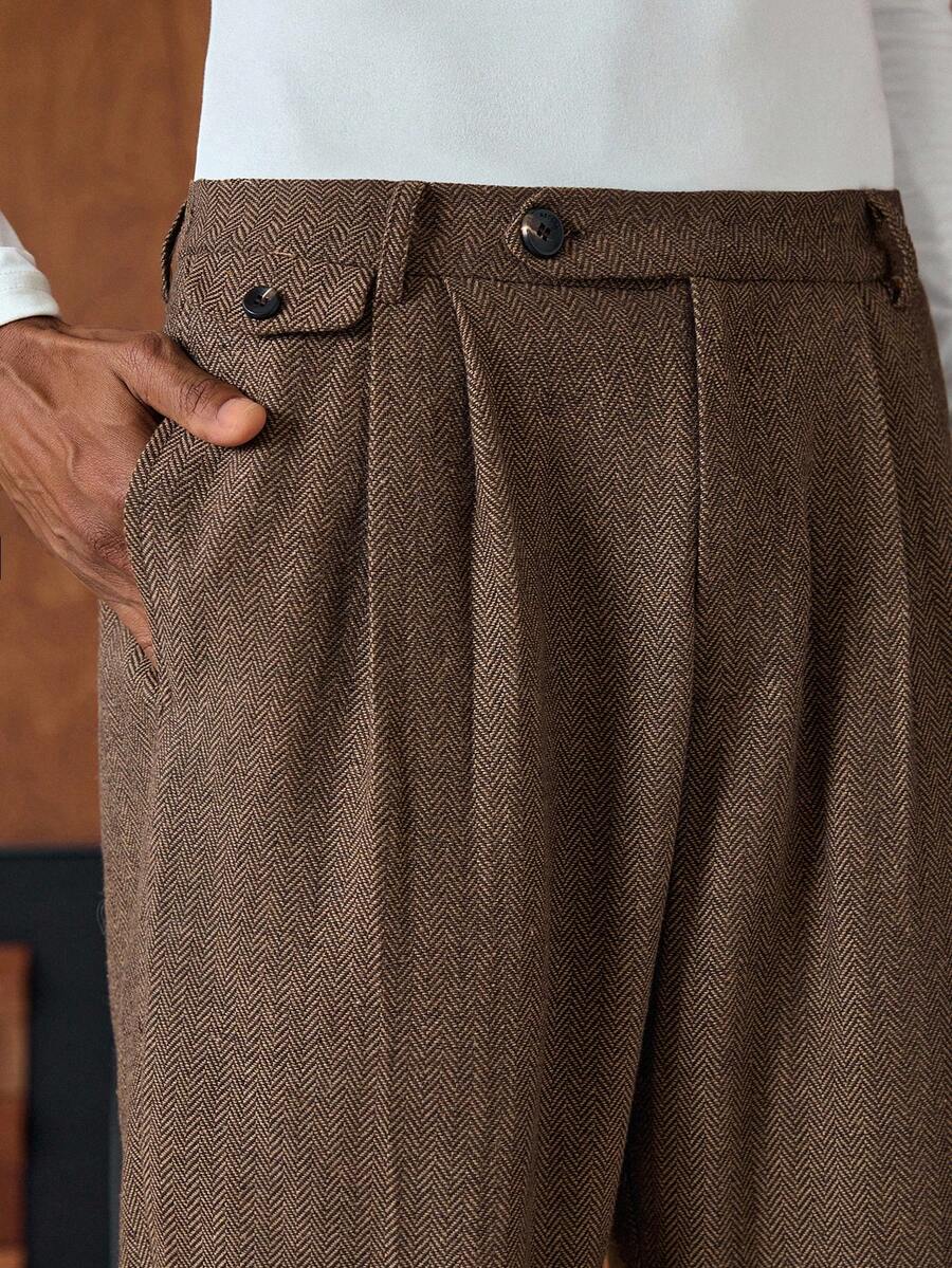 AKNOTIC 男士人字形褶皱口袋阔腿休闲西装裤，商务风格，冬季穿 - 棕色 - 查看 1