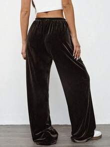 SHEIN EZwear Calça feminina vintage casual folgada de veludo com pernas largas, cor café escuro, outono/inverno - Castanho - Ver 2
