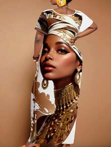 Maweii Sexy Plus Size Women Pocketed Graphic Dress With Golden Pattern - Multicolor - View 2