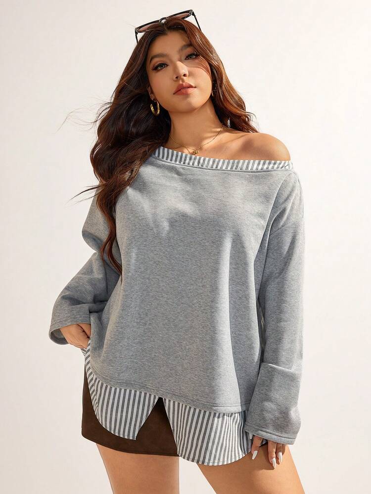 Elaquor Plus Size Casual Striped Patchwork Asymmetric Collar Sweatshirt, Autumn Fall/Winter - Grey - View 6