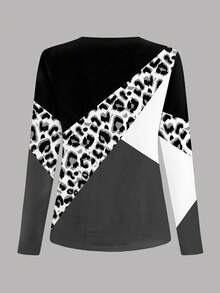SHEIN LUNE Blusa con bloques de color y estampado de leopardo, camiseta casual cómoda y colorida adecuada para uso al aire libre - Multicolor - Ver 2