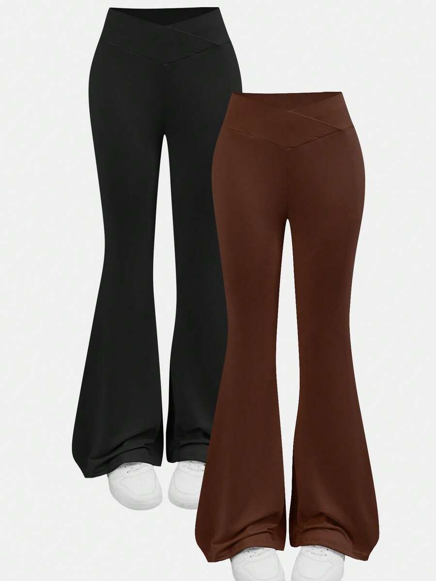 Girlism 2pcs/Set Teen Girls Basic Mid-Calf Flare Leggings, Black & Brown Waistband Criss-Cross Design Skinny Casual Flare Pants Set - Brown - View 1