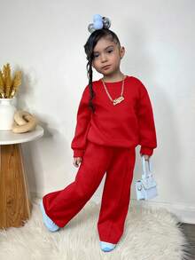 Bộ quần dài tay dài in hình trái tim đơn giản, màu trơn, rộng rãi, trễ vai cho bé gái - Đỏ - Xem 7