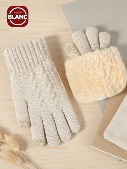 1 双女士冬季保暖触屏手套和 1 双米色针织保暖内衬全指手套，适合跑步、驾驶、骑自行车、派对、徒步旅行和寒冷天气万圣节配饰冬季手套