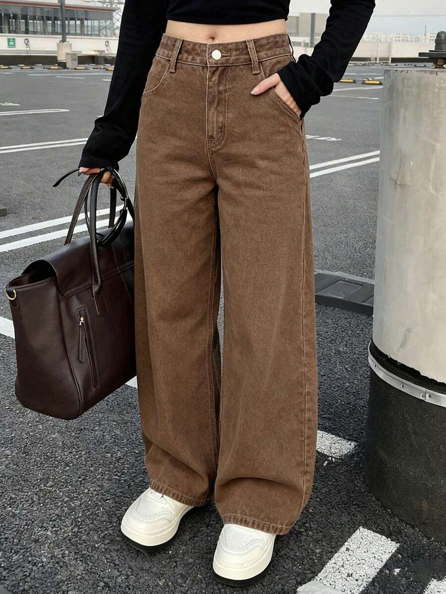 DAZY Women's Loose City Casual Straight Leg Jeans - Brown - View 1
