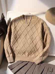 SHEIN Teenager Mädchen Lässig Strickpullover, Rundhals Argyle Struktur einfarbiger Pullover, Schul-Stil, bequem und geeignet für den täglichen Gebrauch, Herbst/Winter - Khaki - Übersicht 3