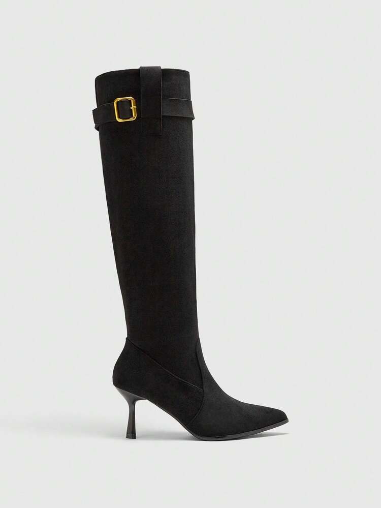 CUCCOO BIZCHIC Black Pointed-Toe Knee-High Boots | Matte Premium Leather | Metallic Stiletto Heel | Adjustable Gold Buckle | 2 Pairs, Luxury Synthetic