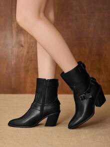 MOTF Botas de tobillo con tacón grueso, hebilla cuadrada, rayas, parches y suela de ante sintético negro, cómodas y de moda para el transporte diario - Negro - Ver 3