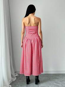 INAWLY Robe évasée sans bretelles à taille cintrée à carreaux rouges pour femmes - Rouge - Voir 2
