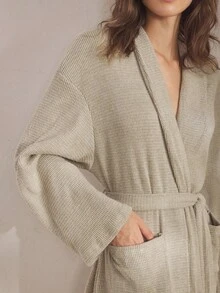 Ocili Leisure Minimalist Soft Waffle Knit Shawl Collar Belted Robe, Comfortable Women Sleepwear Loungewear, Autumn/Winter, Fall, Cozy Outfit