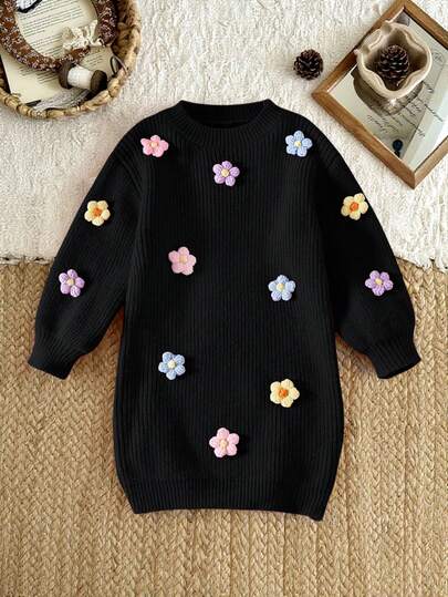 SHEIN Vintaside Kids Girls Handmade Floral Knitted Dress, Round Neck Long Lantern Sleeve Cute & Elegant Pink Dress Girls Sweater Dress Girl Flower Dress Girl Clothes Autumn And Winter Clothes Autumn And Winter Young Girls Dressse Girl S Spring And Autumn Dress Little Girl Floral Long Sleeve Party Dress Girls Spring And Autumn Dress Autumn And Winter Young Girls Dresses