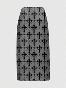 ROMWE Goth Dark Mysterious Ruched Cross Baroque Vine Print High Slit Skirt For Women - Black - View 2