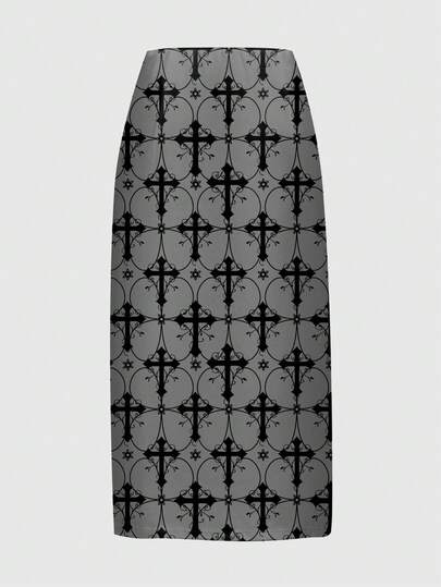 Goth Dark Mysterious Ruched Cross Baroque Vine Print High Slit Skirt For Women