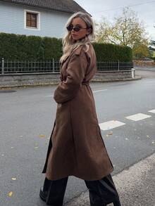 Jeta Ari 女式仿麂皮绒翻领休闲长款常规夹克，秋季 - 咖啡棕 - 查看 5