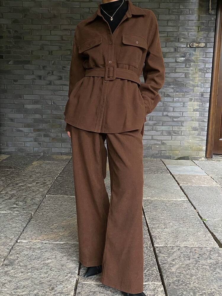 Women's Autumn/Winter Turndown Collar Cinched Waist Shirt And Wide Leg Pants Casual Minimalist Commuter Chic Outfit
