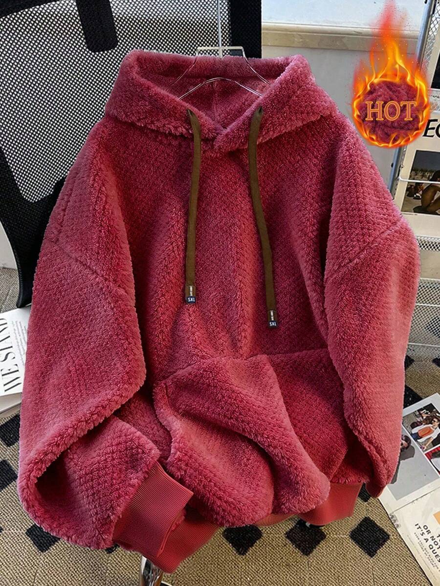 INAWLY Plus Size Women Drawstring Hooded Pocket Fleece Sweatshirt, Autumn/Winter - Red - View 1