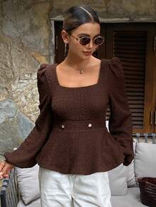 DAZY Top babydoll décontracté à manches longues pour femmes, col carré, taille cintrée, en tissu texturé - Marron - Voir 2