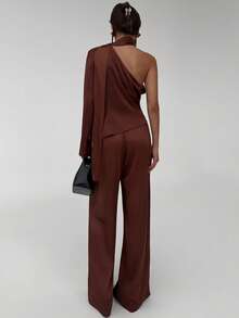 Aloruh Bộ 2 món/Bộ đồ nữ áo thun cổ bẻ màu trơn và quần âu - Cà phê nâu - Xem 2