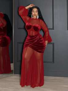 Veslaya 春秋新款优雅派对、约会之夜、晚礼服、婚礼季、毕业派对、生日庆典性感修身纯黑色长灯笼袖透视网纱天鹅绒拼接抹胸腰部交叉下摆鱼尾拼接加大码长裙性感红色女装魅力女神连衣裙曲线性感连衣裙 - 紅色 - 查看 6