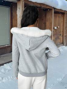 Flirla Hanorac din fleece pentru femei, gri cu guler alb din blană artificială, imprimeu cu buline și stele, ținută casual/de navetă, toamnă/iarnă - Gri - Vizualizare 2