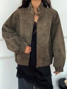 DAZY 女士立领短款夹克，休闲街头风插肩袖立领飞行员夹克 - 綠色 - 查看 3