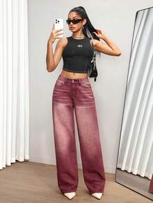 SHEIN Tall Women's Casual Washed Vintage Wide Leg Jeans - Burgundy - View 8