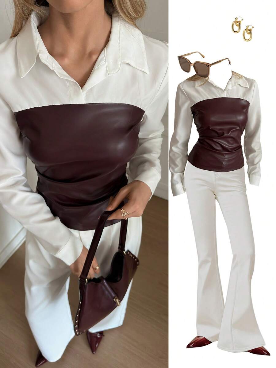 Blusa ajustada de manga larga con parches de piel sintética para mujer - Multicolor - Ver 1