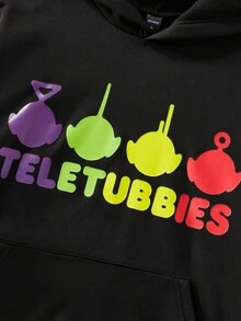 ROMWE MEN Teletubbies X ROMWE Men's Casual Letter & Cartoon Pattern Hoodie, Autumn - Black - View 3