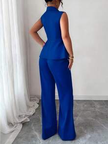 Elenzga 大码无袖西装外套领口收腰优雅浪漫女士套装 - 寶藍色 - 查看 2