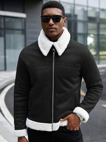 Manfinity CasualCool Men's Contrast Color Zip-Up Casual Jacket With Thermal Lining, Autumn/Winter - Black - View 5