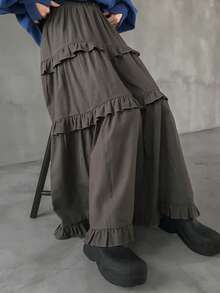 FRIFUL 女士休闲纯色荷叶边下摆半身裙 - 灰色 - 查看 4