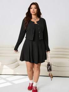 SHEIN EZwear 2025 Autumn/Winter New Casual Outgoing Daily Wear Party Commute Back To School Date Birthday Party Home Occasion Open Front Long Sleeve Jacket And Camisole Short Knit Dress, Warm Ribbed Knit Fabric, Black, Plus Size 2-Piece Set - Black - View 5