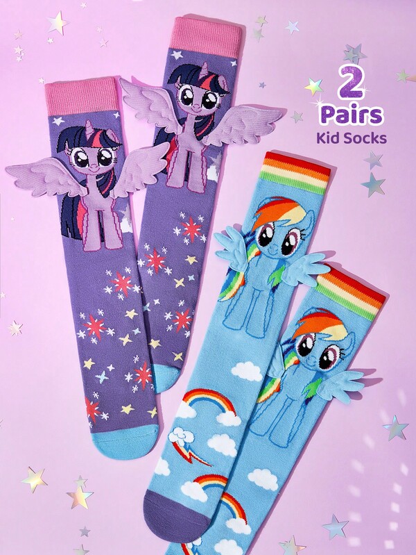 My Little Pony X SHEIN 2 Pairs Cotton 3D Wings Soft & Breathable Moisture-Wicking Kids Stockings Purple&Blue Cute Cartoon Calf Socks Reinforced Toe & Heel For Cosplay Princess Summer Winter,Twilight Sparkle&Rainbow Dash,Unicorn