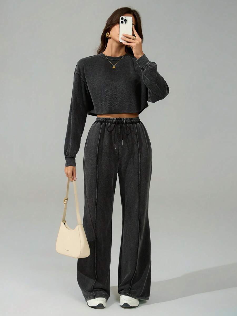 SHEIN Tall 两件套女士街头风宽松雪花印花运动服 - 深灰色 - 查看 1