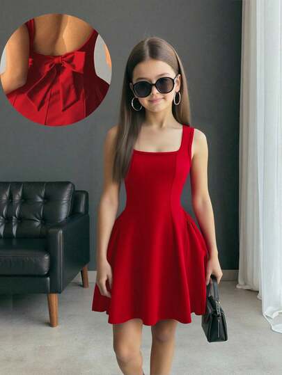 Firerie Kids Vestido de línea A rojo con cuello cuadrado elegante y lindo, con parches y gran lazo en la espalda para niñas preadolescentes