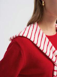 Franclia Striped Scarf Collar Design 2 In 1 Sweater - Red - View 4