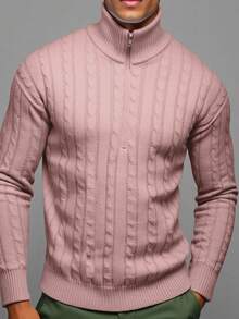 OTTIMOZO 男士拉链半开襟长袖麻花图案休闲毛衣，秋冬款 - 藕粉色 - 查看 3